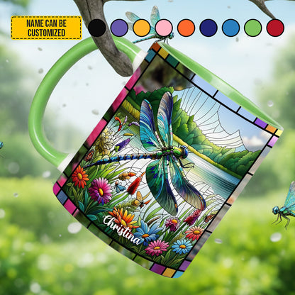 Dragonfly With Flowers - Personalized Dragonfly Accent Mug