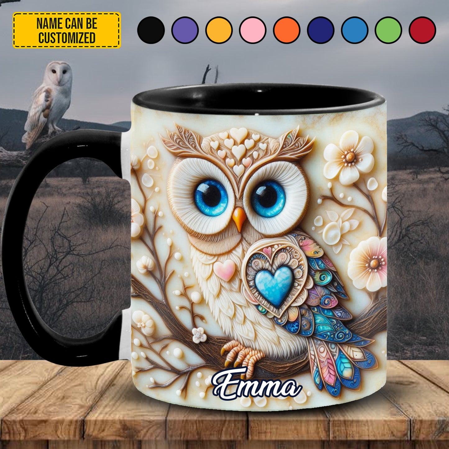 Personalized Owl & Flowers Accent Mug