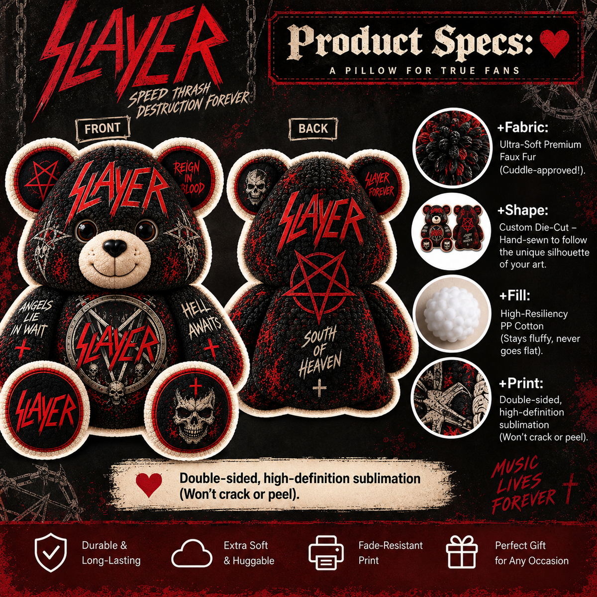 Slayer Bear Custom Shaped Pillow –Thrash Metal Music Fan Gift, Heavy Metal Collectible