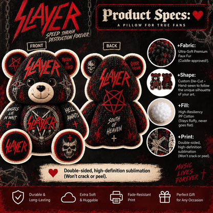 Slayer Bear Custom Shaped Pillow –Thrash Metal Music Fan Gift, Heavy Metal Collectible
