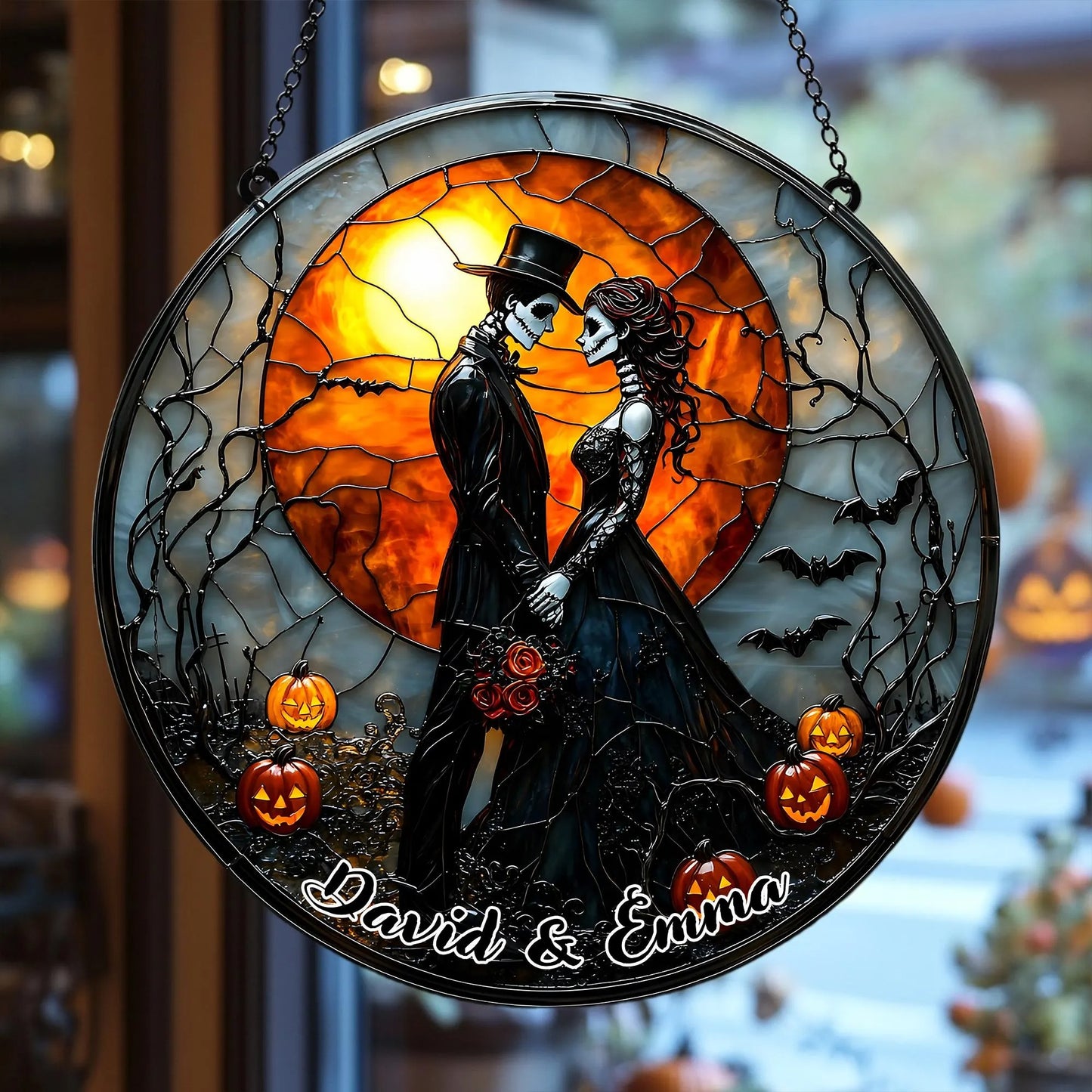 Personalized Gothic Skull Couple Stained Glass Suncatcher, Hanging Decor