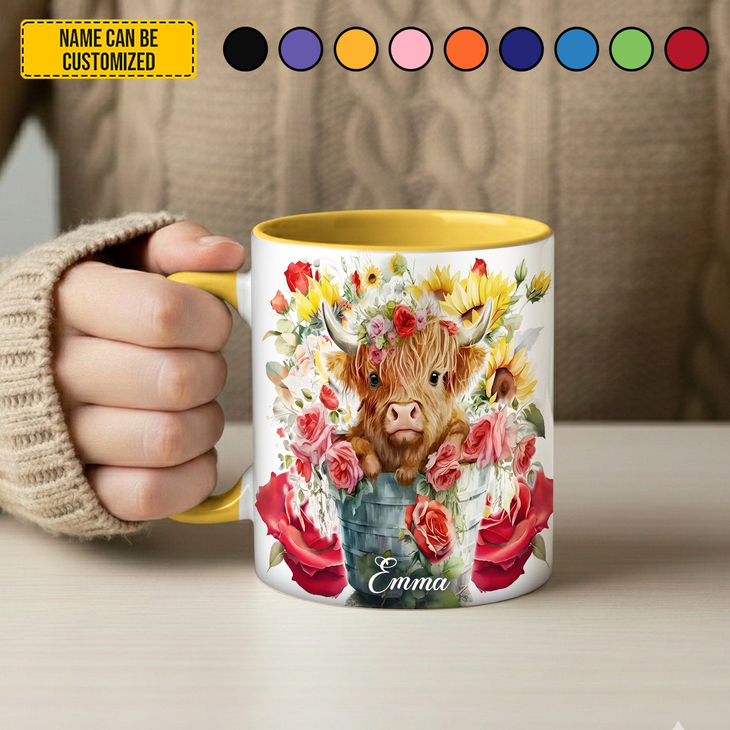 Cute Highland Cow Flowers - Personalized Cow Accent Mug