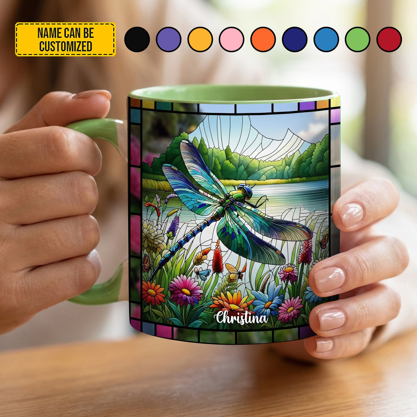 Dragonfly With Flowers - Personalized Dragonfly Accent Mug