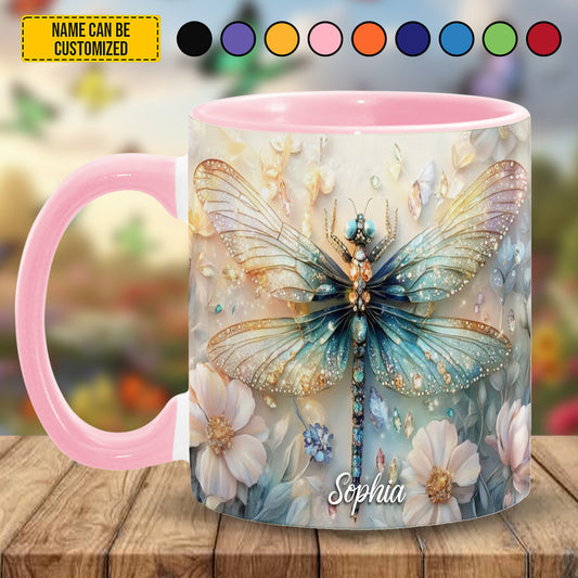 Colorful Dragonfly Flowers - Personalized Dragonfly Accent Mug
