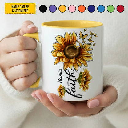 Sunflower With Butterfly FAITH - Personalized Sunflower Accent Mug