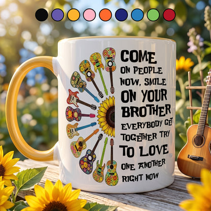 Come Together In Love – Hippie Guitar Sunflower Accent Mug