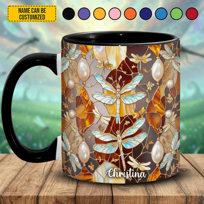 Colorful Dragonfly Stained Glass - Personalized Dragonfly Accent Mug