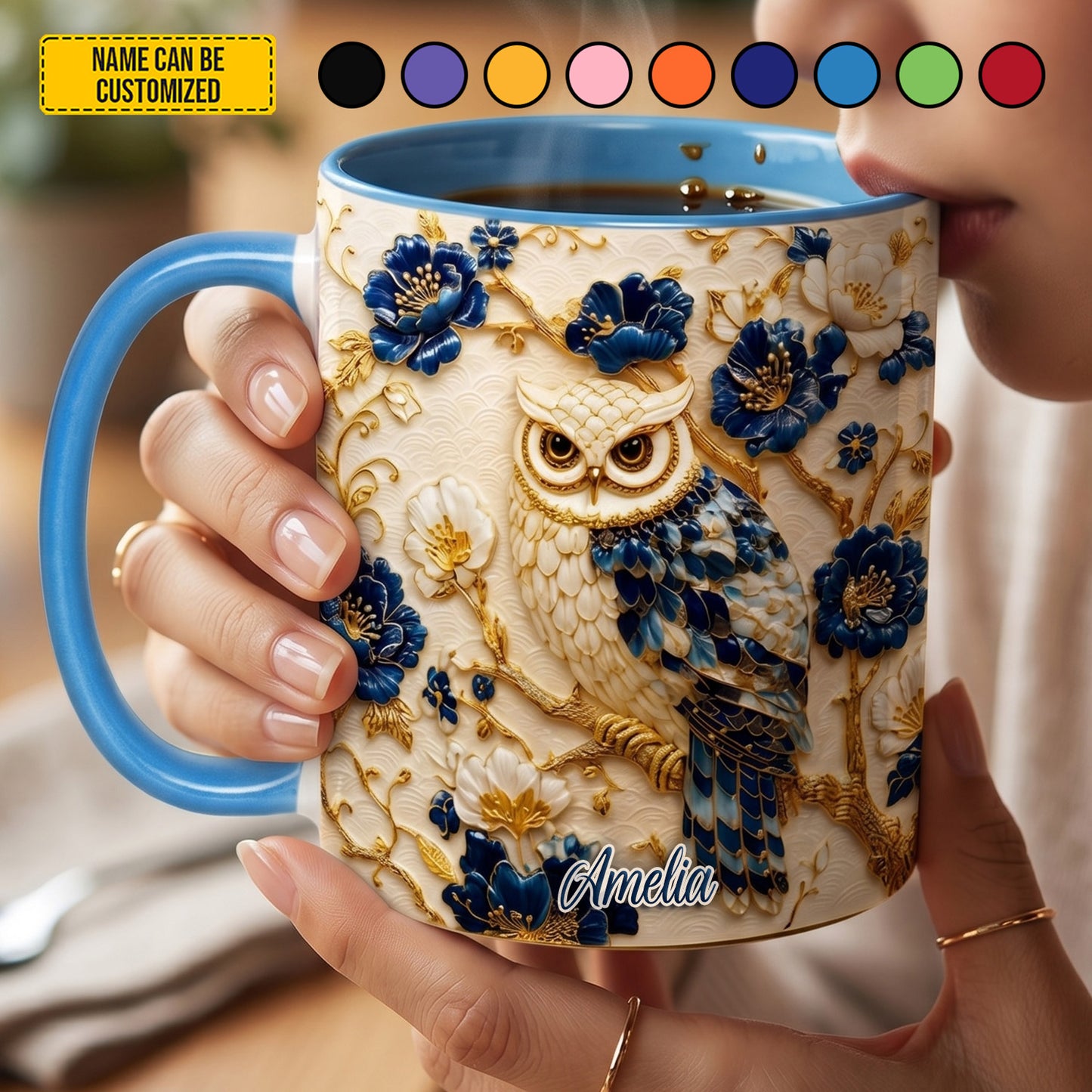 Personalized Owl Floral Accent Mug