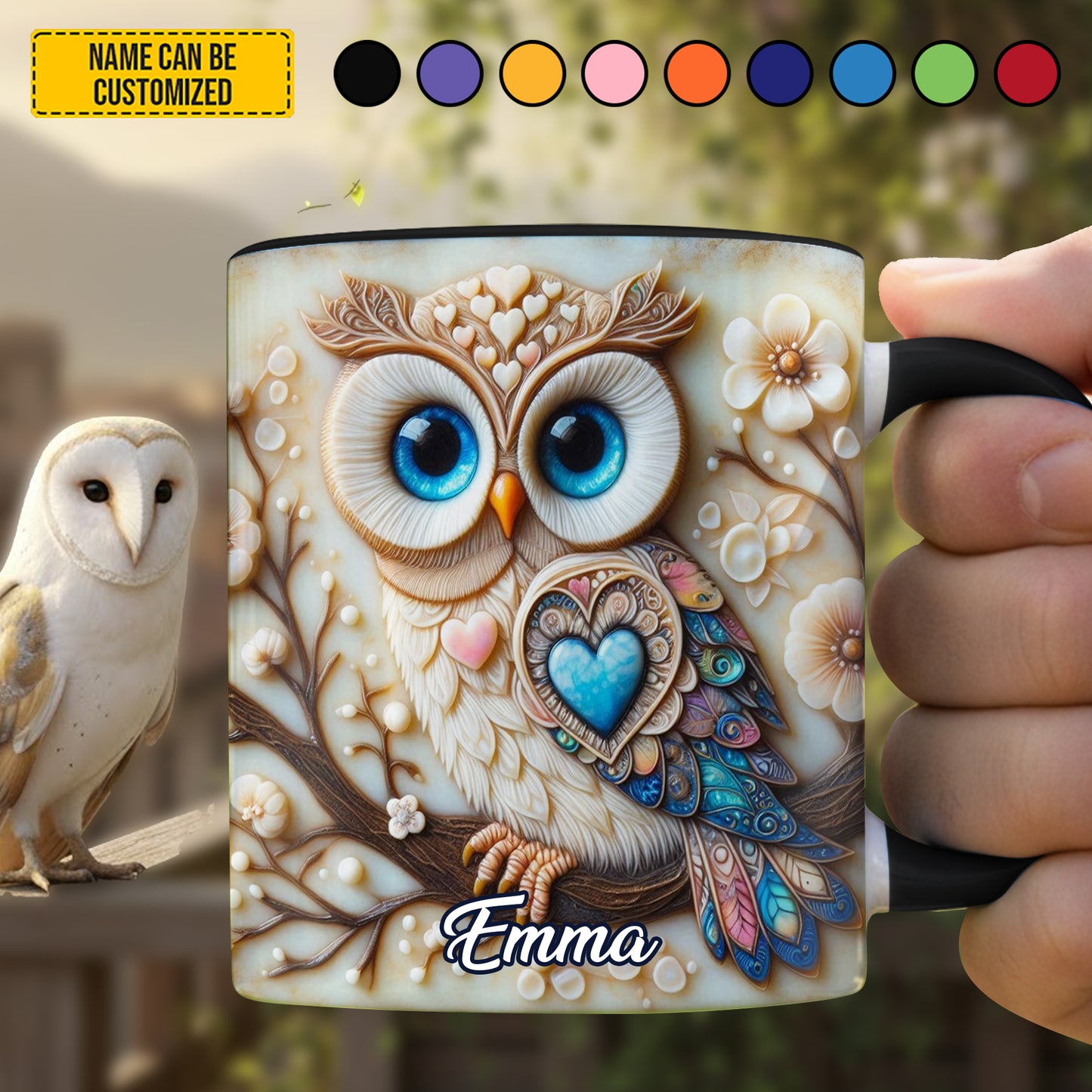 Personalized Owl & Flowers Accent Mug