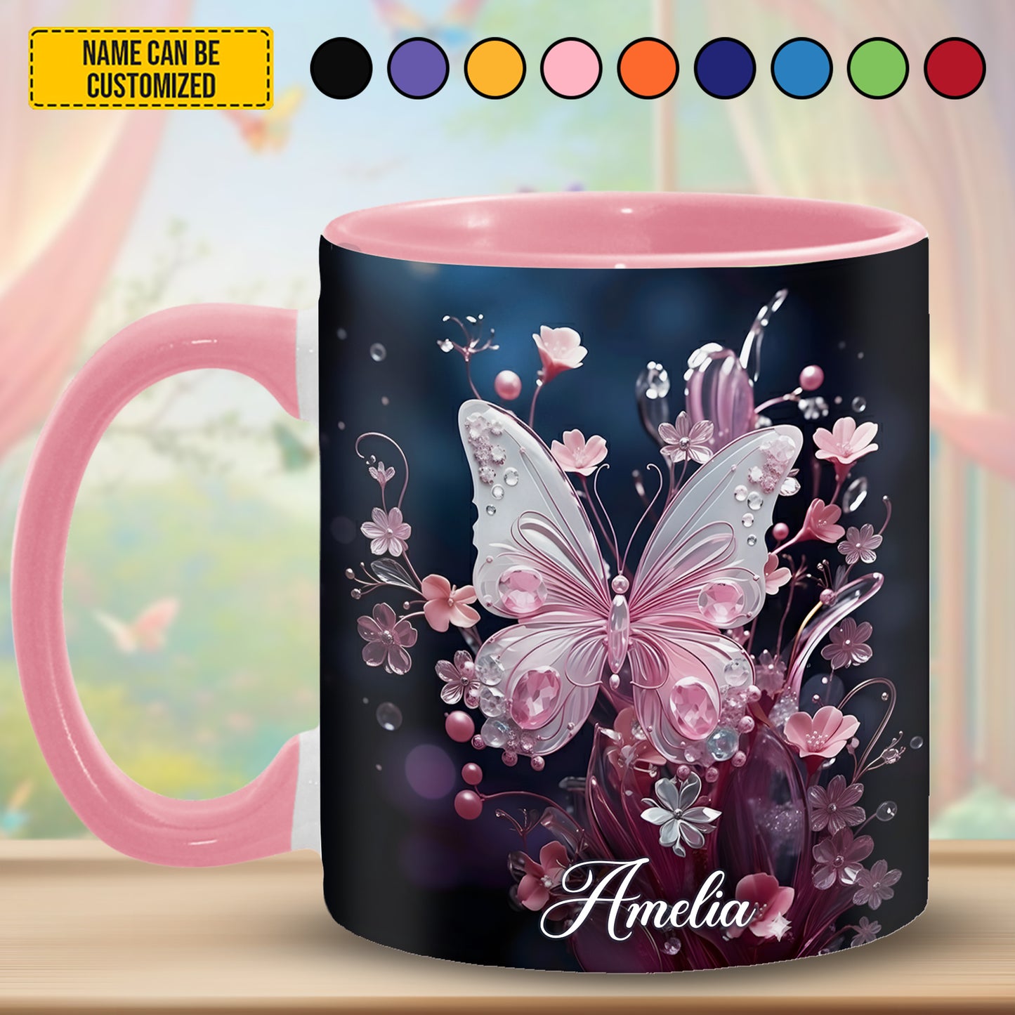 Flowers Butterflies - Personalized Butterfly Accent Mug