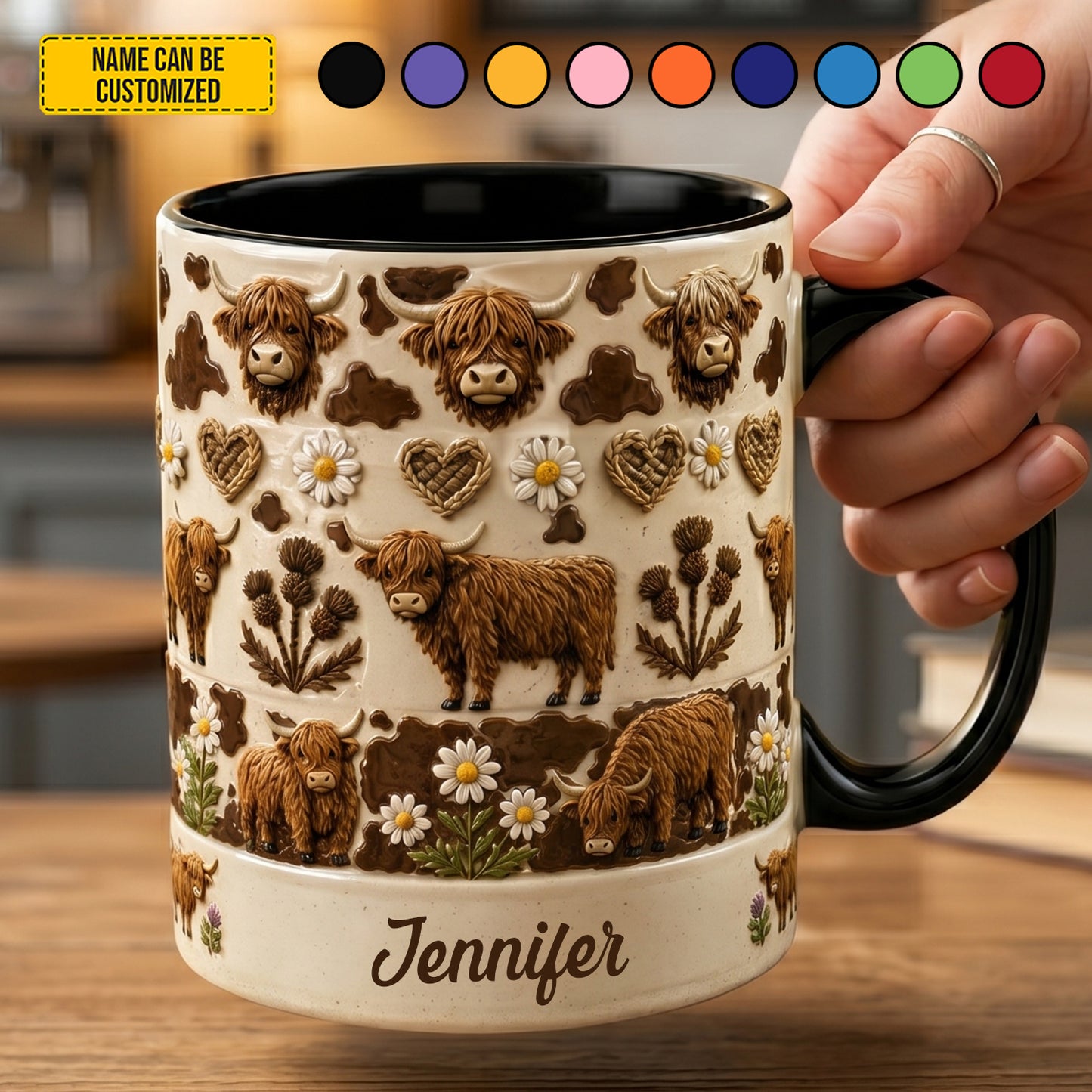Personalized Highland Cow Floral Accent Mug