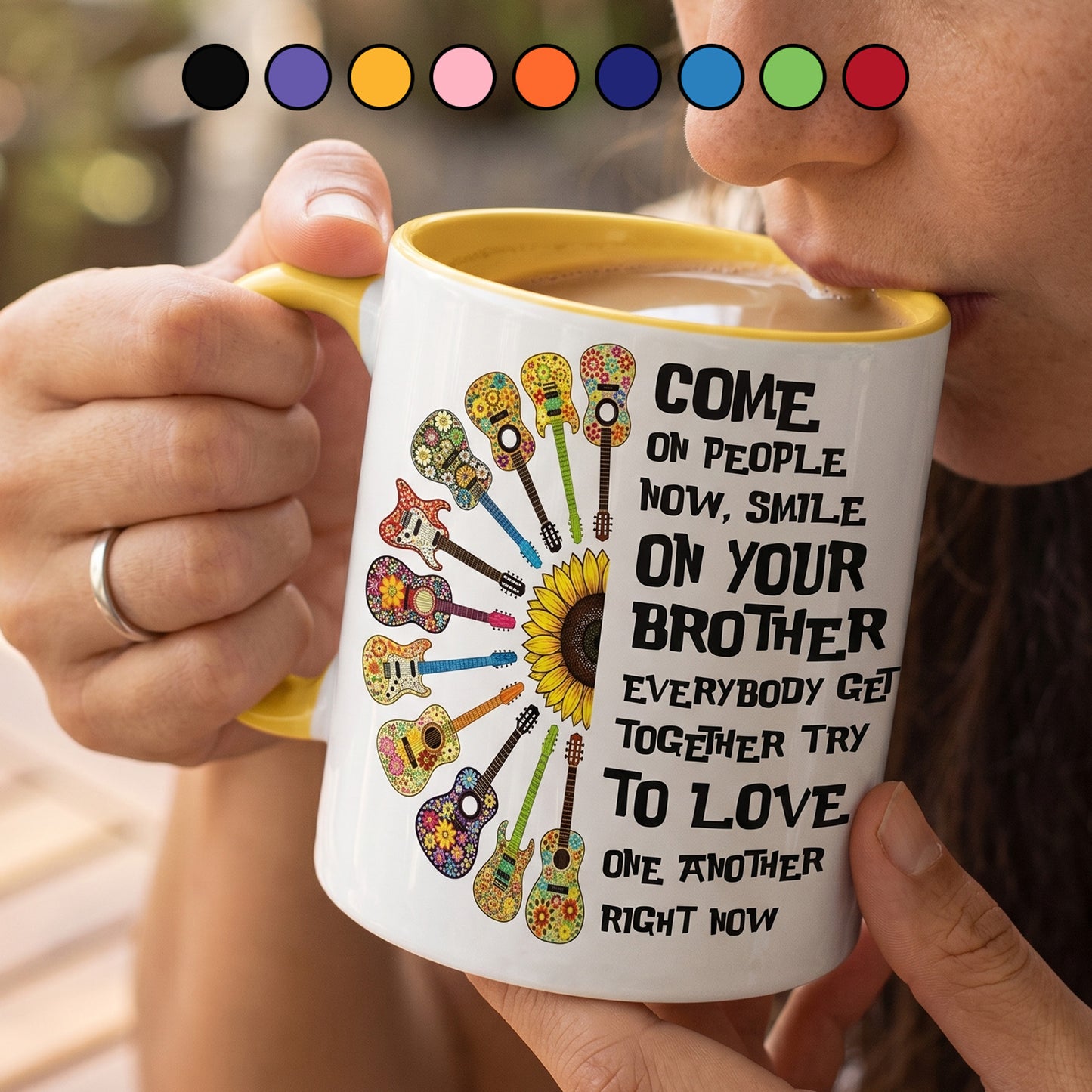 Come Together In Love – Hippie Guitar Sunflower Accent Mug