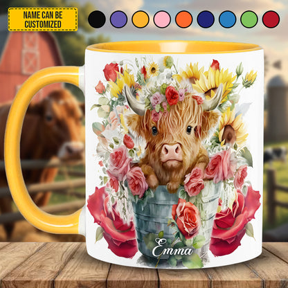 Cute Highland Cow Flowers - Personalized Cow Accent Mug
