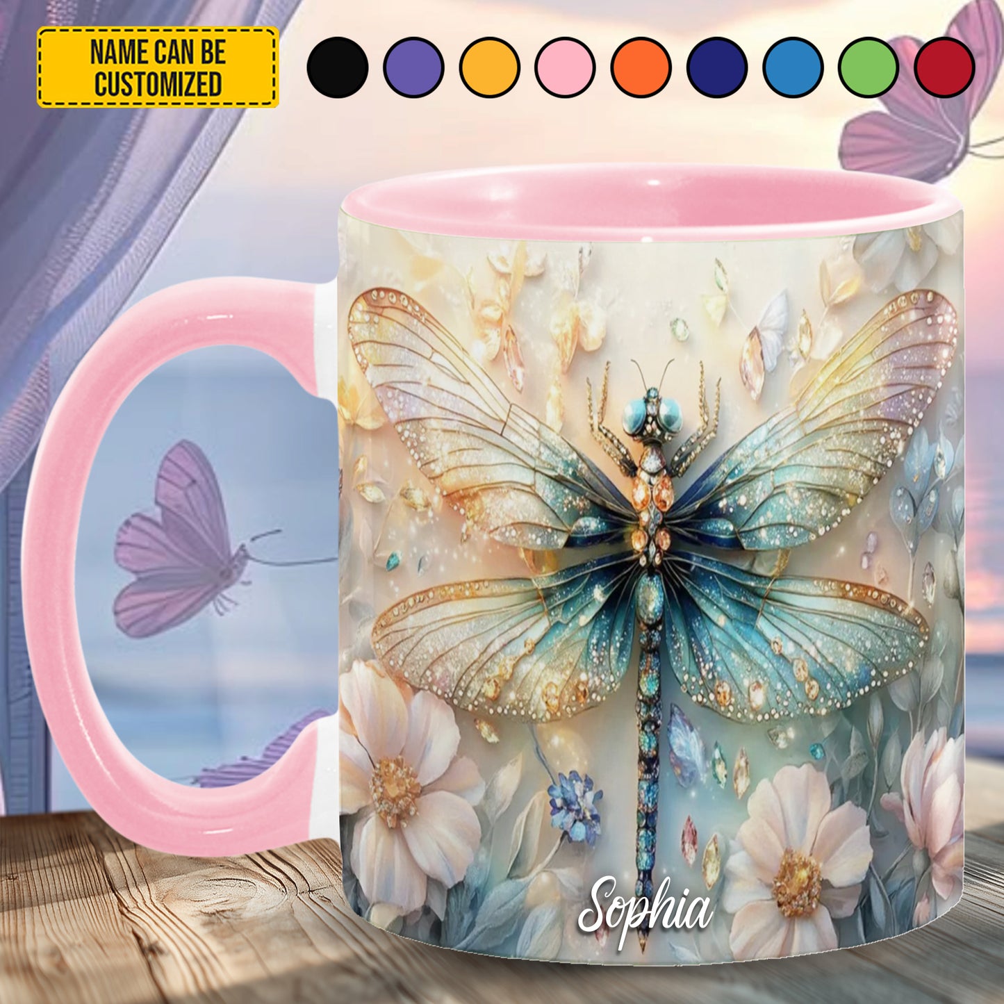 Colorful Dragonfly Flowers - Personalized Dragonfly Accent Mug