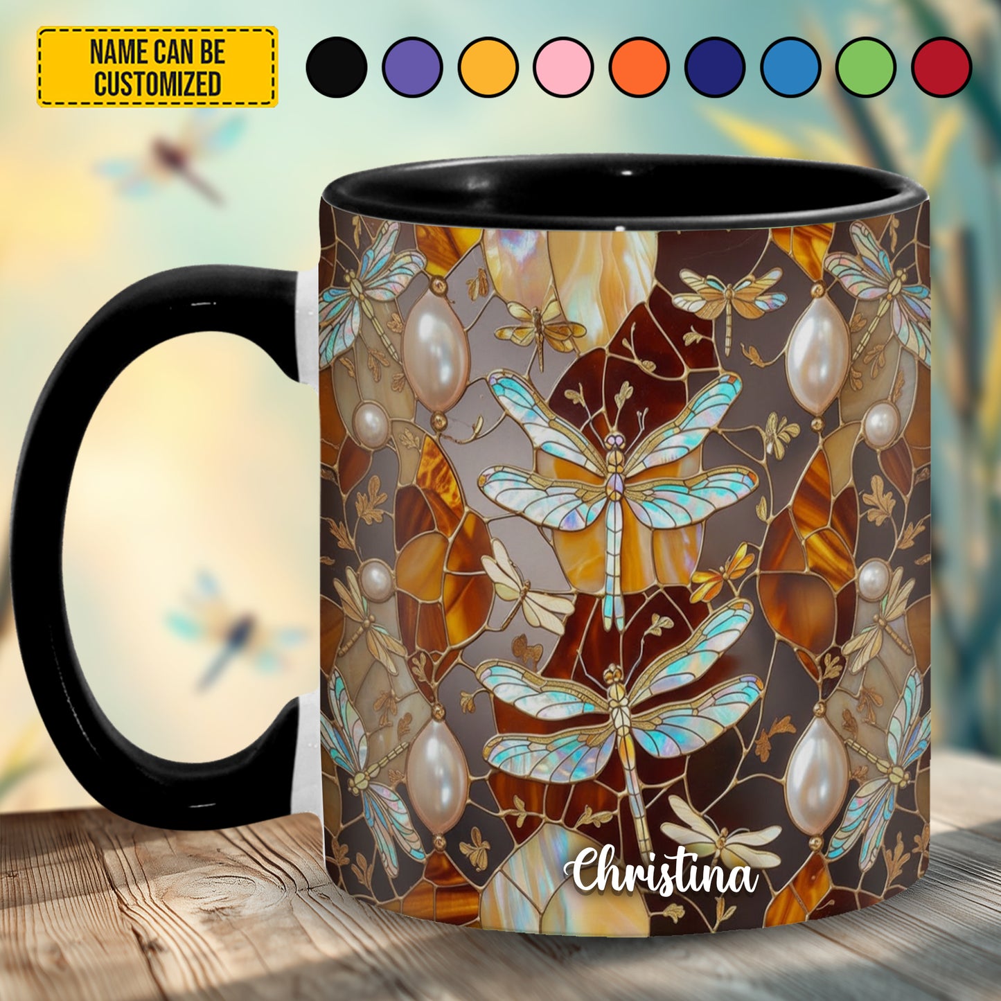 Colorful Dragonfly Stained Glass - Personalized Dragonfly Accent Mug