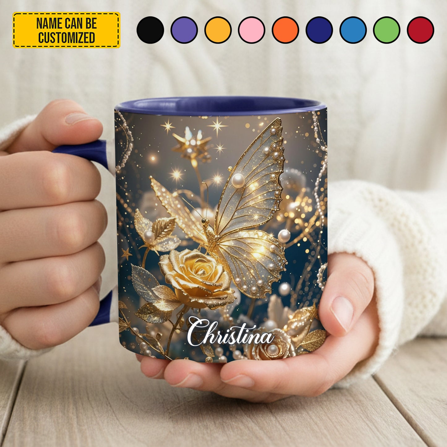Sparkle Flowers Butterflies - Personalized Butterfly Accent Mug