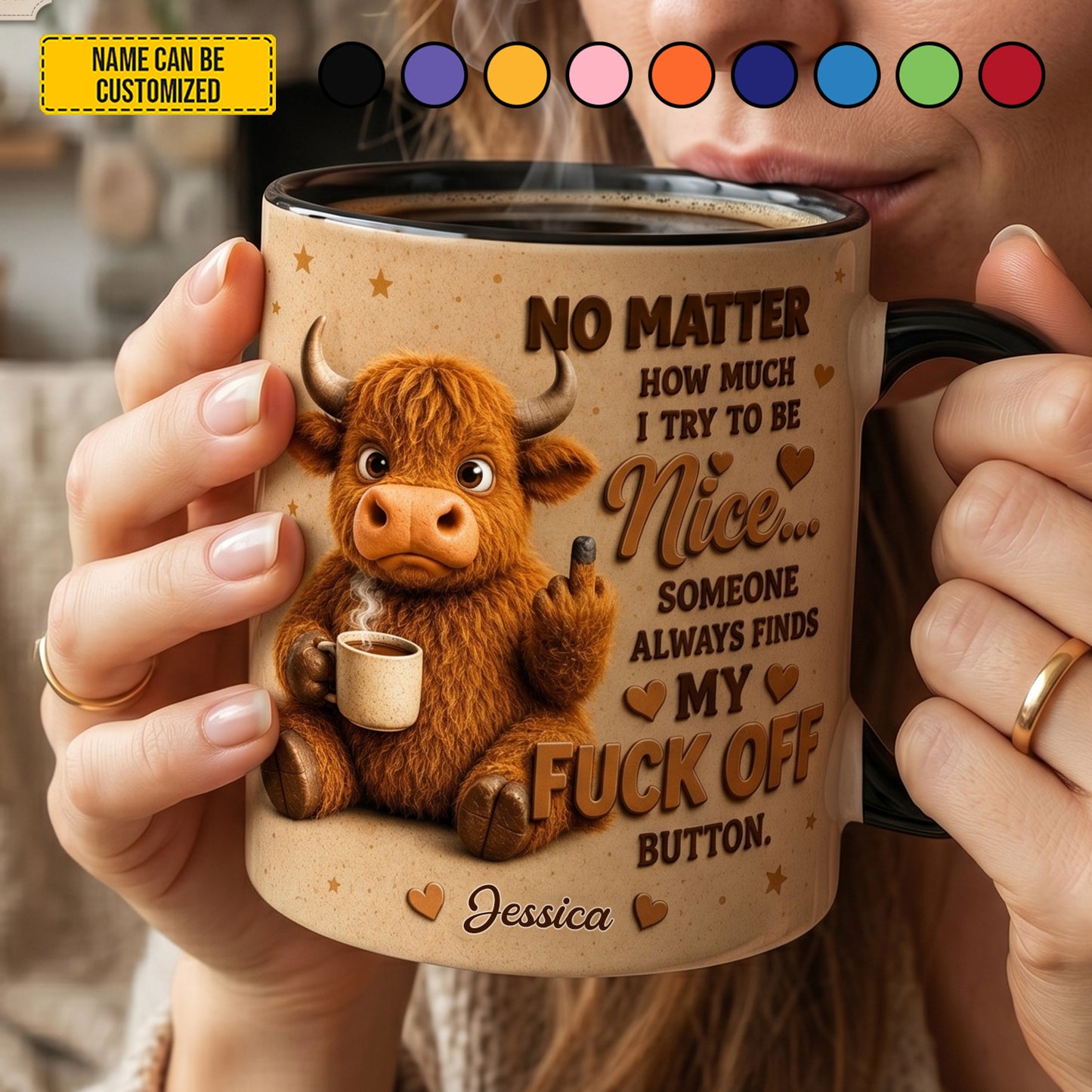 My F*ck Off Button – Personalized Highland Cow Accent Mug