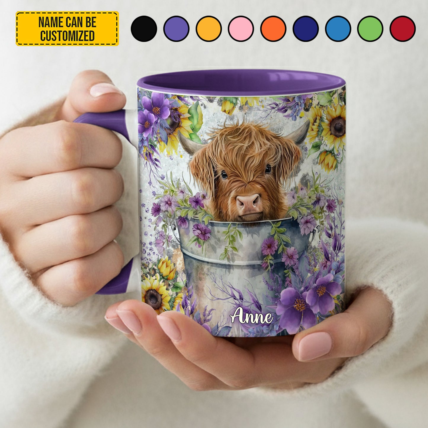Cute Highland Cow Flower - Personalized Cow Accent Mug
