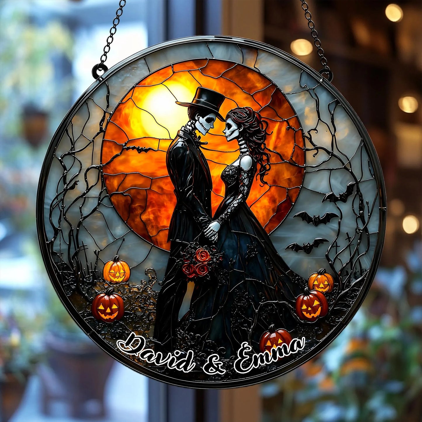 Personalized Gothic Skull Couple Stained Glass Suncatcher, Hanging Decor