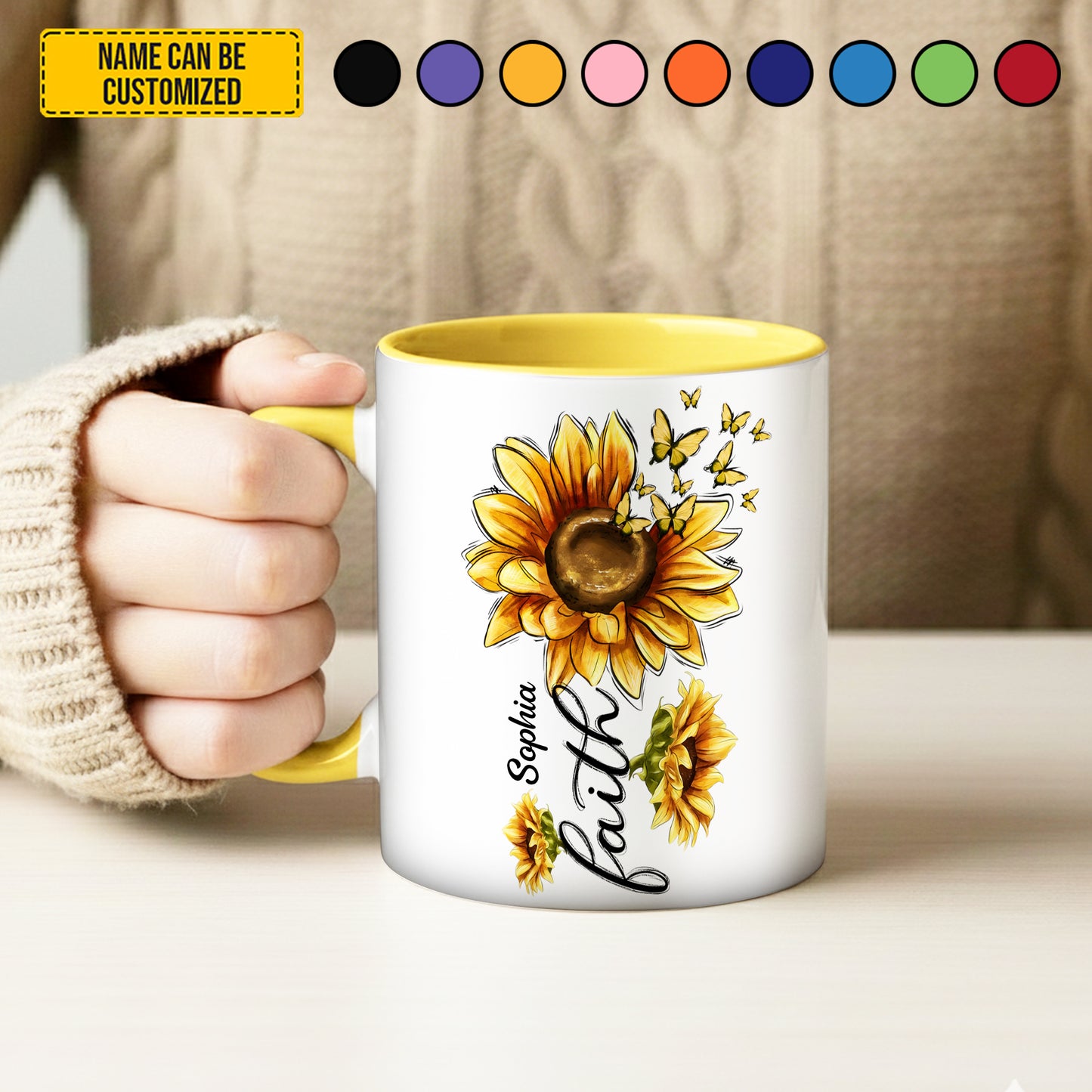 Sunflower With Butterfly FAITH - Personalized Sunflower Accent Mug