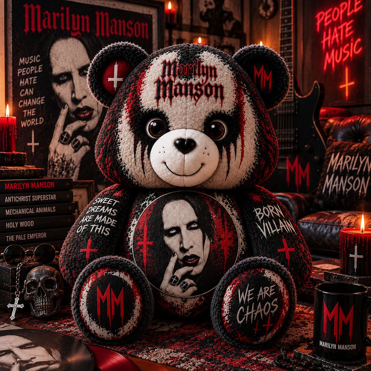 Marilyn Manson Custom Shaped Bear Pillow – Gothic Rock Music Inspired Gift for Fans