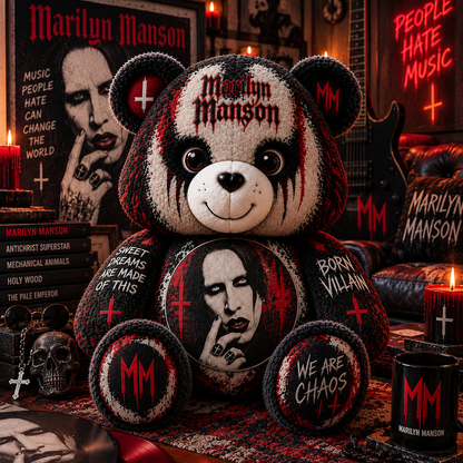 Marilyn Manson Custom Shaped Bear Pillow – Gothic Rock Music Inspired Gift for Fans