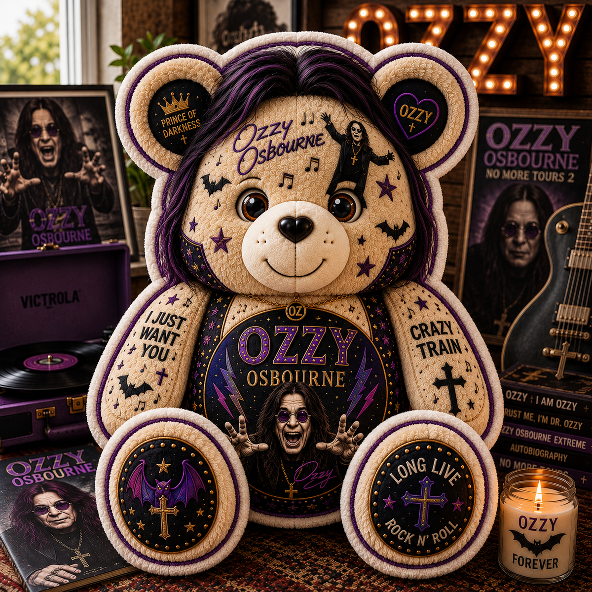 Ozzy Osbourne Bear Custom Shaped Pillow – Prince of Darkness Rock Music Fan Gift