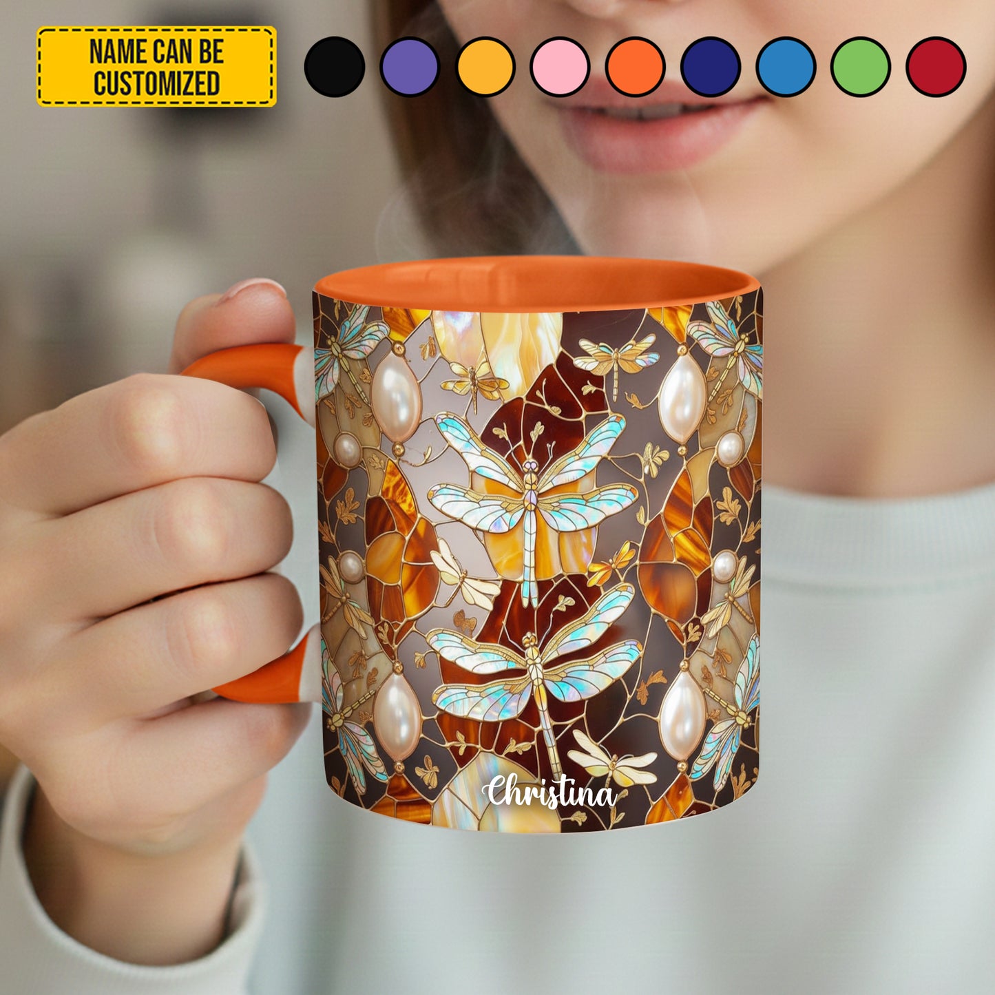 Colorful Dragonfly Stained Glass - Personalized Dragonfly Accent Mug