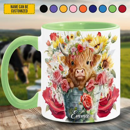 Cute Highland Cow Flowers - Personalized Cow Accent Mug