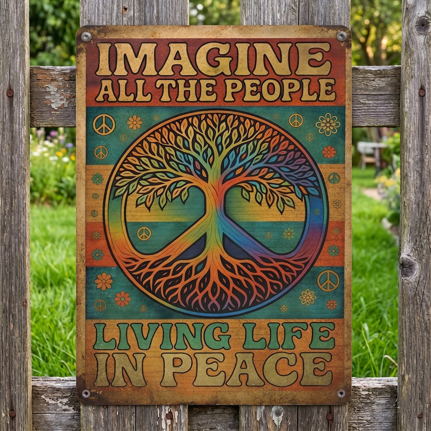 Imagine All The People Living Life In Peace - Hippie Metal Sign Version 3