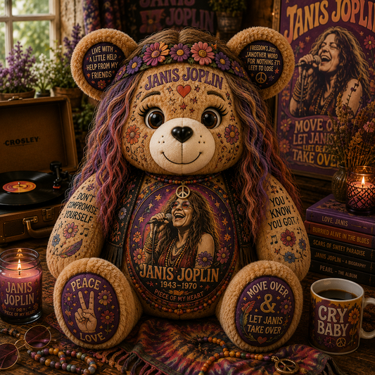Janis Joplin Bear Custom Shaped Pillow – Gift for Classic Music Lover