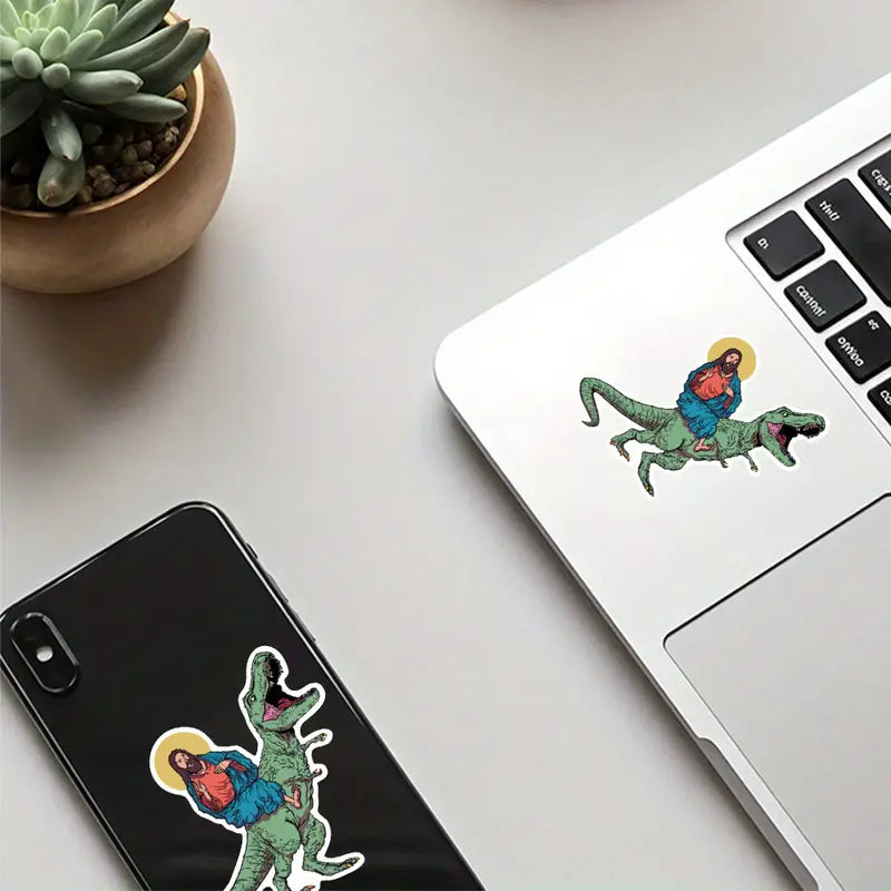 Funny Offensive Jesus Riding Dinosaur Sticker
