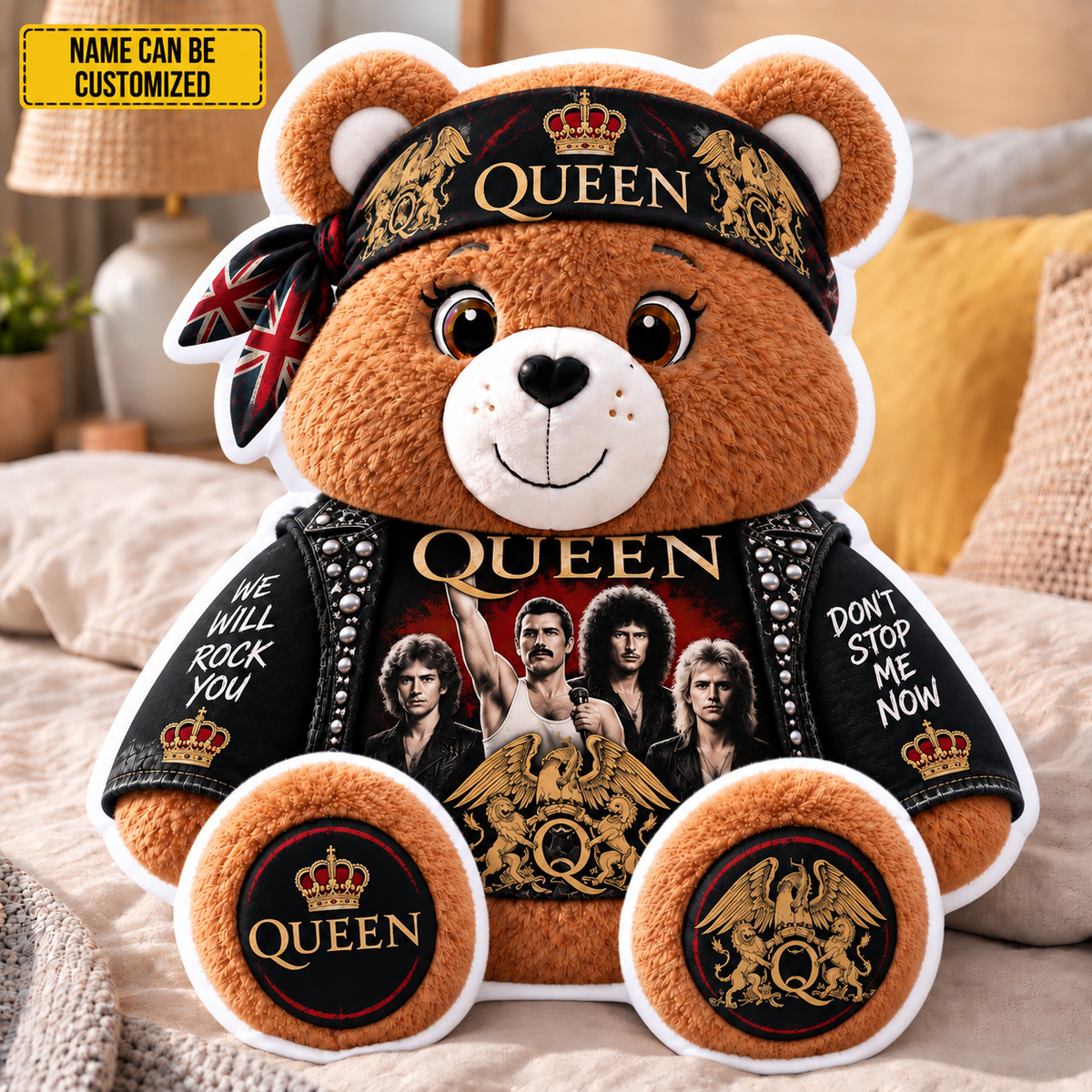 Queen Custom Shaped Bear Pillow – Classic Rock Inspired Gift for Queen & Freddie Mercury Fans