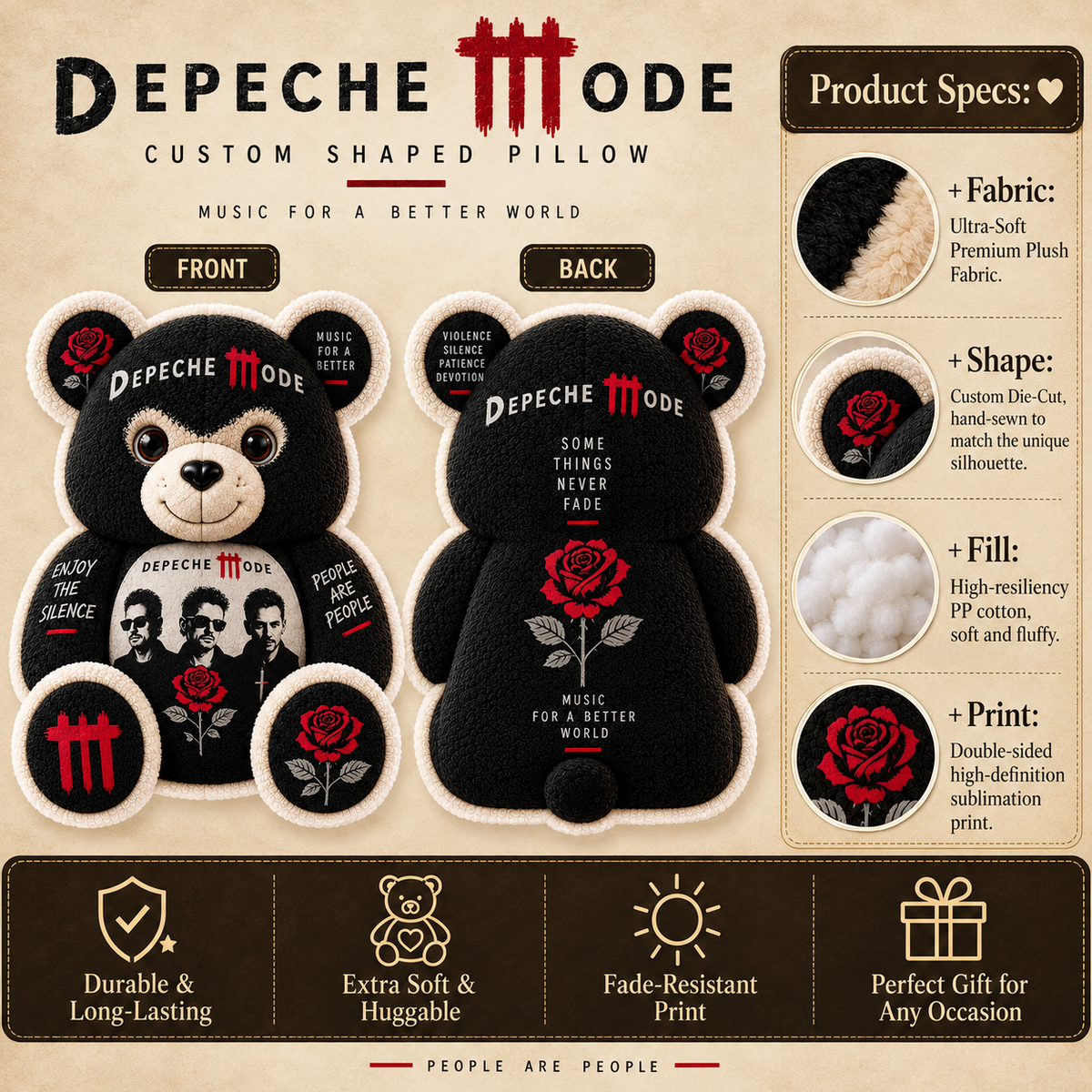 Depeche Mode Bear Custom Shaped Pillow – Synth-Pop Music Fan Gift, Personal Jesus & Violator Collectible
