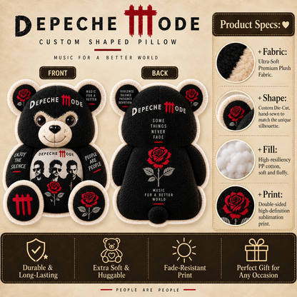 Depeche Mode Bear Custom Shaped Pillow – Synth-Pop Music Fan Gift, Personal Jesus & Violator Collectible