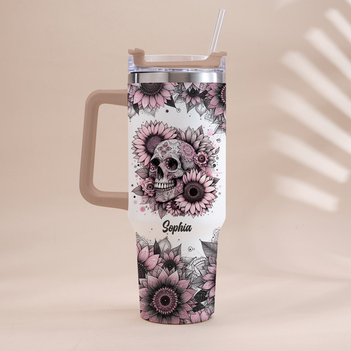 Sunflower Skull - Personalized Skull Tumbler With Handle 40oz