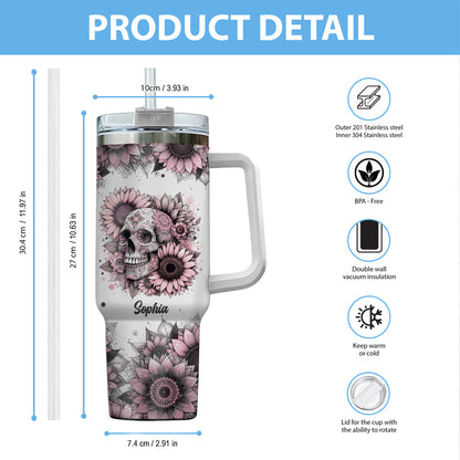 Sunflower Skull - Personalized Skull Tumbler With Handle 40oz