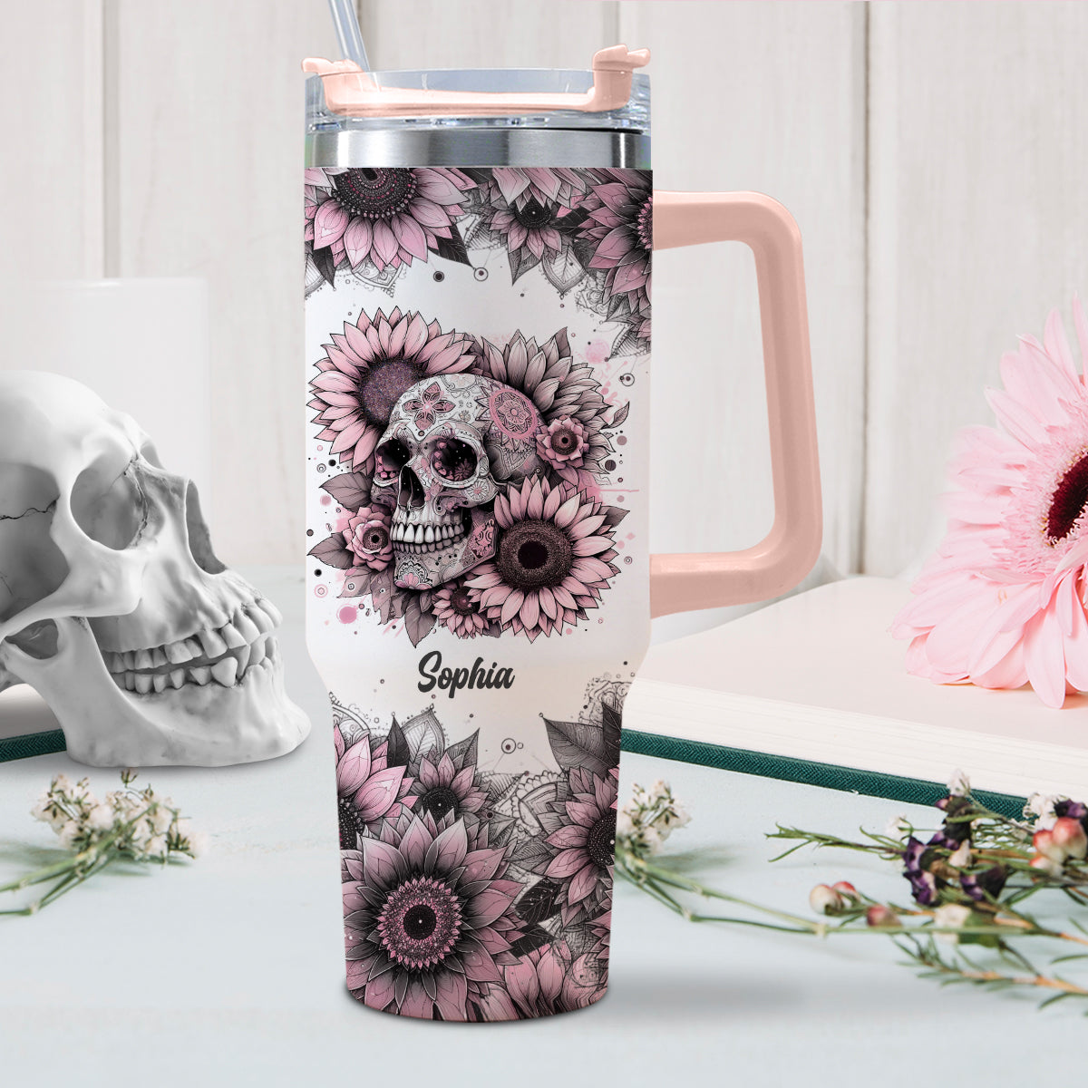 Sunflower Skull - Personalized Skull Tumbler With Handle 40oz