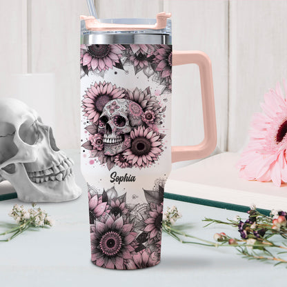 Sunflower Skull - Personalized Skull Tumbler With Handle 40oz