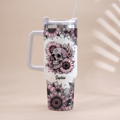 Sunflower Skull - Personalized Skull Tumbler With Handle 40oz