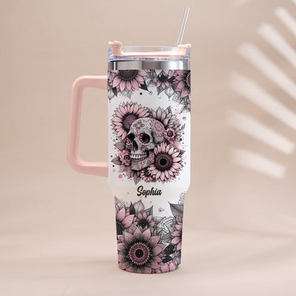 Sunflower Skull - Personalized Skull Tumbler With Handle 40oz