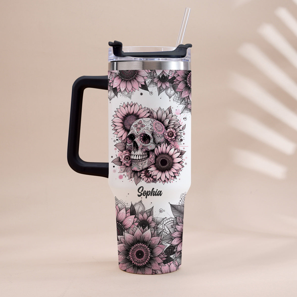 Sunflower Skull - Personalized Skull Tumbler With Handle 40oz