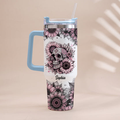 Sunflower Skull - Personalized Skull Tumbler With Handle 40oz