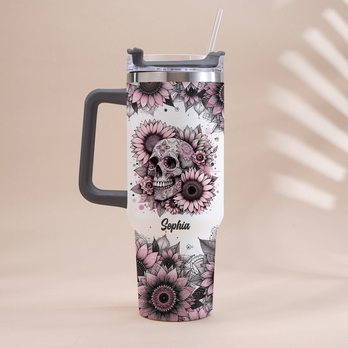 Sunflower Skull - Personalized Skull Tumbler With Handle 40oz