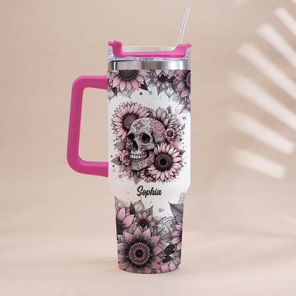 Sunflower Skull - Personalized Skull Tumbler With Handle 40oz