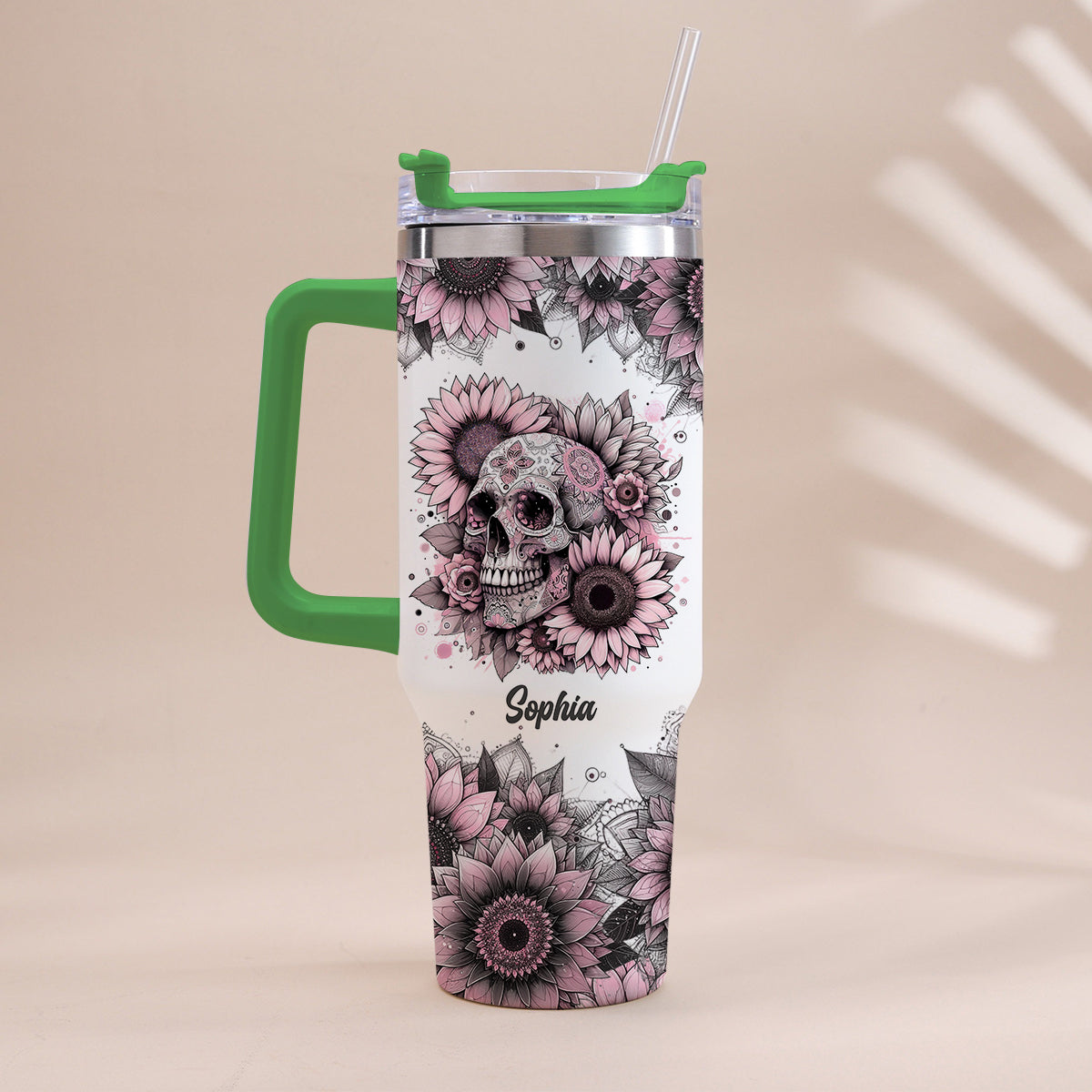 Sunflower Skull - Personalized Skull Tumbler With Handle 40oz