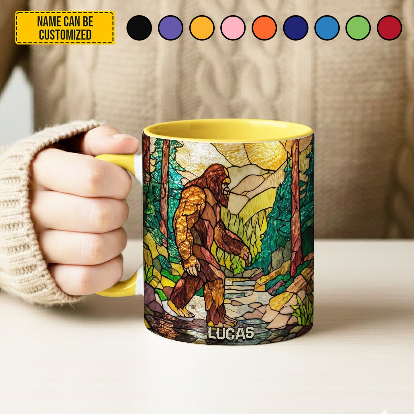 Bigfoot In Forest Stained Glass - Personalized Bigfoot Accent Mug