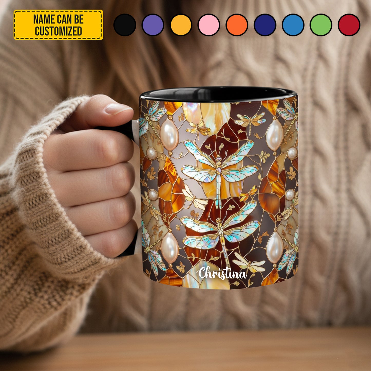Colorful Dragonfly Stained Glass - Personalized Dragonfly Accent Mug