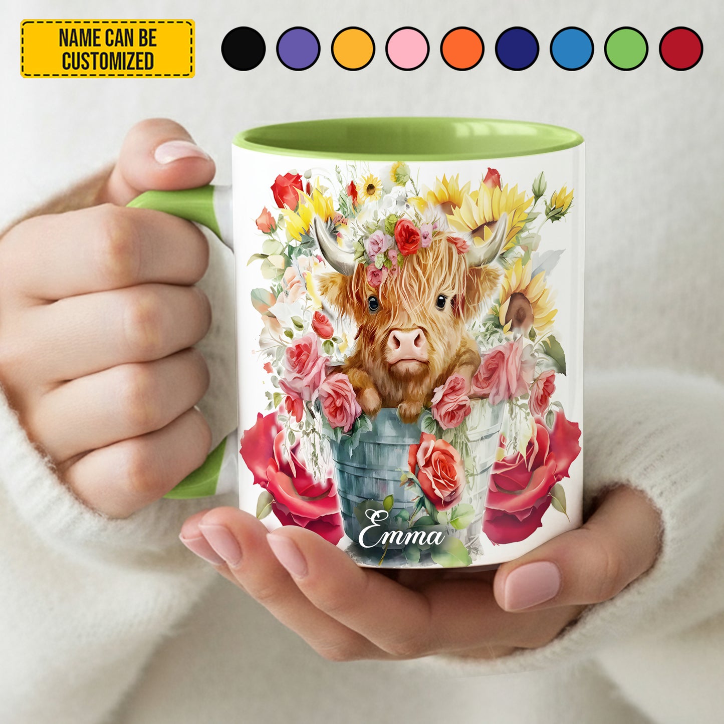 Cute Highland Cow Flowers - Personalized Cow Accent Mug