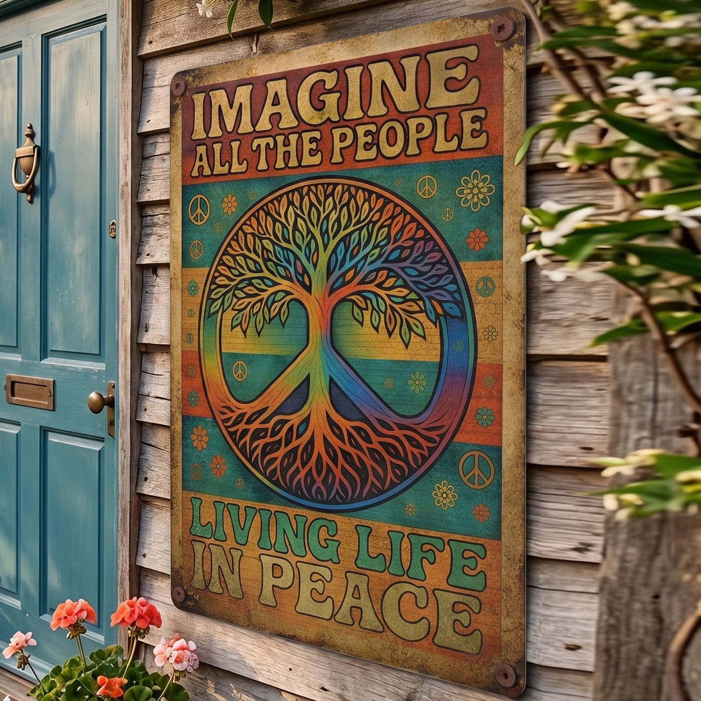 Imagine All The People Living Life In Peace - Hippie Metal Sign Version 3
